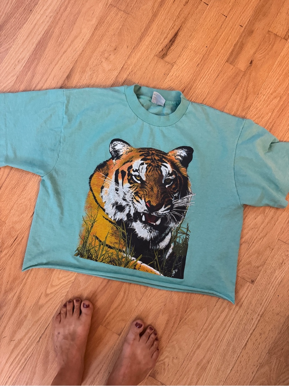Vintage Cropped Tiger Graphic Tee - Aqua - Sz LG